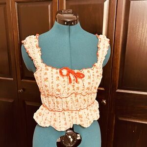 Chic Floral Ruffle Blouse in Red and Cream